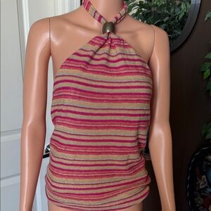 Lauren Ralph Lauren Pink and Gold Metallic Striped Halter Tank Top